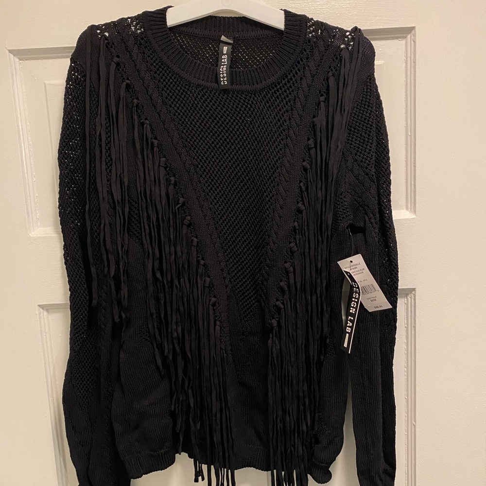 Black mesh and fringe sweater. NEVER WORN. NEW.